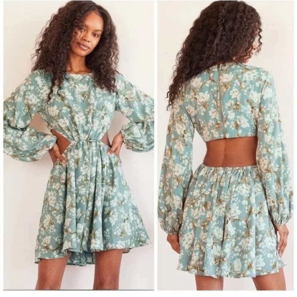 Lulu's First Blooms Dusty Blue Floral Print Cutout Dress Size XL